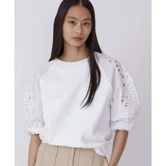 Thakoon White Embroidered Balloon Sleeve Sweatshirt Medium NEW - Picture 1 of 8